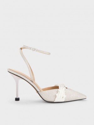 Charles & Keith Leda Beaded Glittered Ankle-Correa Pumps Plateados | 7654913-NY