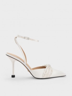 Charles & Keith Leda Beaded Satin Ankle-Correa Pumps Blancos | 5901327-UD