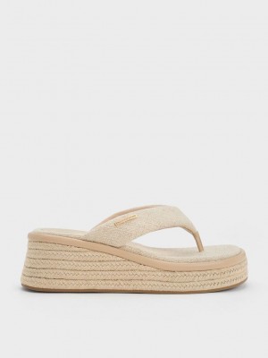 Charles & Keith Linen Alpargata Tanga Sandals Beige | 8031926-TJ