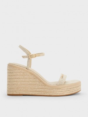 Charles & Keith Linen Alpargata Wedges Beige | 4601275-WB