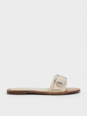 Charles & Keith Linen Metallic Hebilla Slides Beige | 8571362-RJ