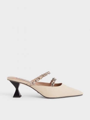 Charles & Keith Lona Double Gem Correa Mules Beige | 9872015-MP