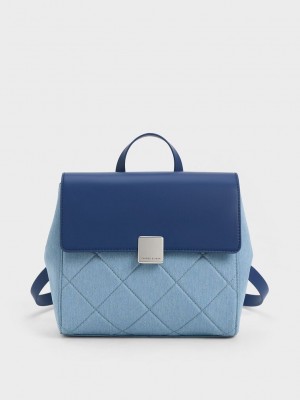 Charles & Keith Lucy Denim Acolchado Backpack Azules | 5206189-HP