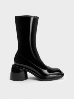 Charles & Keith Lula Charol Fornido Heel Calf Boots Negros | 1287936-VZ