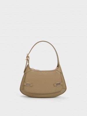Charles & Keith Metallic-Accent Curved Shoulder Bag Grises Marrom | 0348627-UD