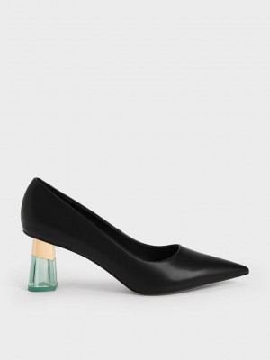 Charles & Keith Metallic Accent Clear Heel Pumps Negros | 1548369-YS