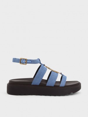 Charles & Keith Metallic Accent Denim Flatform Gladiator Sandals Azules | 2391084-DN
