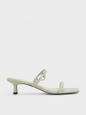 Charles & Keith Metallic Accent Double Correa Mules Verde Oliva Verdes | 2618539-LI
