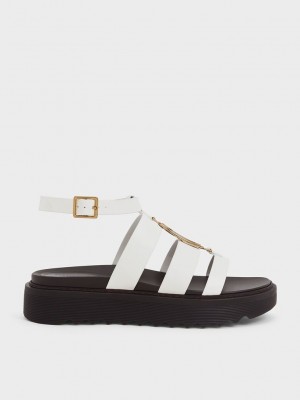 Charles & Keith Metallic Accent Flatform Gladiator Sandals Blancos | 1963824-CQ