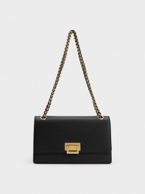 Charles & Keith Metallic Accent Front Flap Bag Negros | 3891264-FC