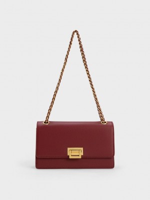 Charles & Keith Metallic Accent Front Flap Bag Vino | 1098576-YK