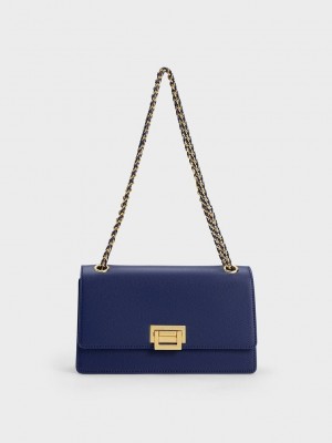 Charles & Keith Metallic Accent Front Flap Bag Azul Marino | 1678920-JX