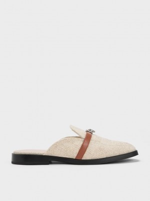 Charles & Keith Metallic Accent Linen Loafer Mules Beige | 0723961-MD