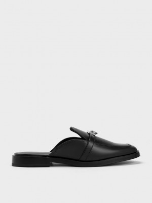 Charles & Keith Metallic Accent Loafer Mules Negros | 1078234-IG