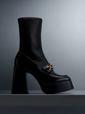 Charles & Keith Metallic Accent Plataforma Ankle Boots Negros | 1403297-EK