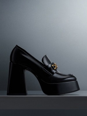 Charles & Keith Metallic Accent Plataforma Loafers Negros | 2819043-XC