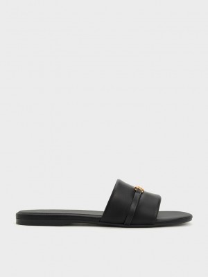 Charles & Keith Metallic Accent Round-Puntera Chanclas Sandals Negros | 1932658-QJ