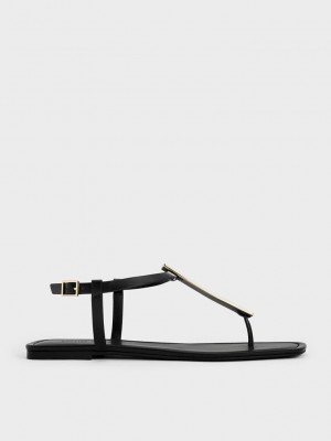 Charles & Keith Metallic Accent T-Bar Tanga Sandals Negros | 2965370-OE