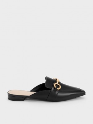 Charles & Keith Metallic Accent Tapered Planos Mules Negros | 1209864-KF