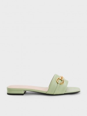 Charles & Keith Metallic Bar Chanclas Sandals Verde Oliva Verdes | 5896123-FW