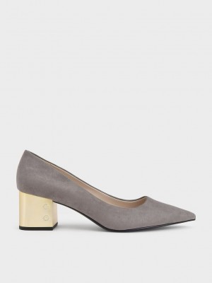 Charles & Keith Metallic Block Heel Textured Pumps Grises | 3019267-MC