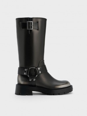 Charles & Keith Metallic Buckled Knee-High Boots Plateados | 5628741-YJ