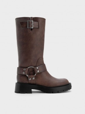 Charles & Keith Metallic Buckled Knee-High Boots Marrom Oscuro | 2018654-OY