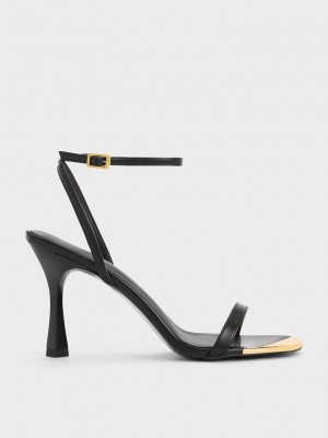 Charles & Keith Metallic Cap Ankle-Correa Tacón Sandals Negros | 4798213-AJ