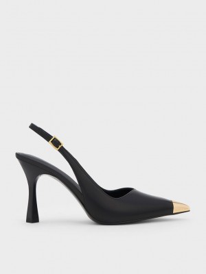 Charles & Keith Metallic Cap Pointed-Puntera Destalonadas Pumps Negros | 1896542-UD