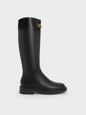 Charles & Keith Metallic Chain Accent Knee-High Boots Negros | 4215709-IA