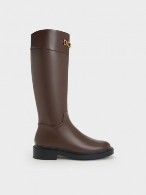 Charles & Keith Metallic Chain Accent Knee-High Boots Marrom Oscuro | 6391724-XD