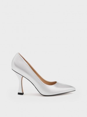 Charles & Keith Metallic Cuero Flare Heel Pumps Plateados | 9263710-AX