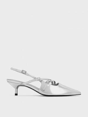 Charles & Keith Metallic Hebilla-Correa Kitten Heel Destalonadas Pumps Plateados | 1623549-PB
