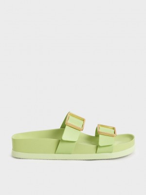 Charles & Keith Metallic Hebilla Chanclas Sandals Verdes Claro | 2846931-VO