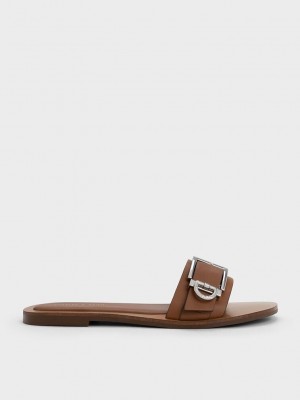 Charles & Keith Metallic Hebilla Slides Marrom | 9548723-SU