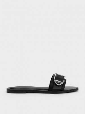Charles & Keith Metallic Hebilla Slides Negros | 8425316-YK
