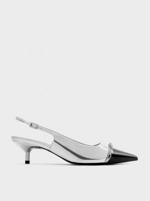 Charles & Keith Metallic Pearl Chain-Link Destalonadas Pumps Plateados | 7346285-DN
