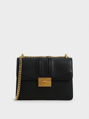 Charles & Keith Metallic Push-Lock Shoulder Bag Negros | 1947652-NF