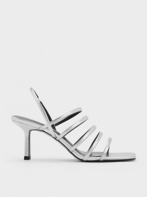 Charles & Keith Metallic Tiras Blade Heel Sandals Plateados | 0217369-PI