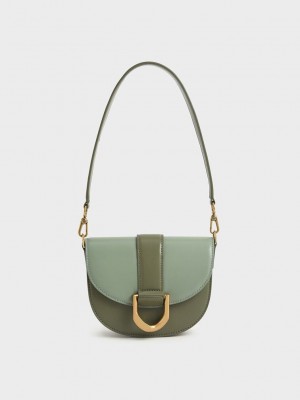 Charles & Keith Mini Gabine Two-Tone Saddle Bag? Verde Oliva | 8741062-BF