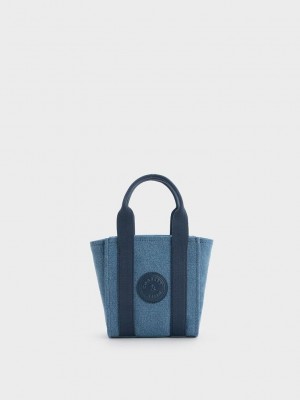 Charles & Keith Mini Kay Denim Contrast-Trim Tote Bag Azules | 0786214-ZV