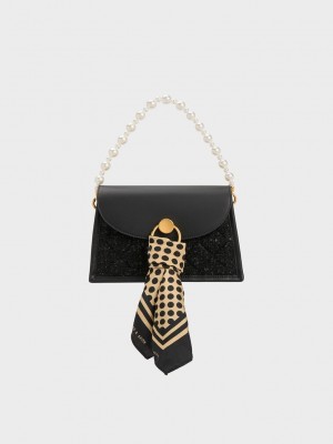 Charles & Keith Mini Roza Beaded Handle Scarf Bag Negros | 6147283-VQ