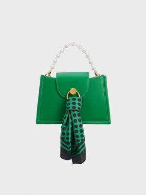 Charles & Keith Mini Roza Beaded Handle Scarf Bag Verdes | 6917834-AN