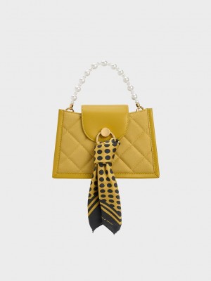 Charles & Keith Mini Roza Beaded Handle Scarf Bag Moutarde | 8631720-KD