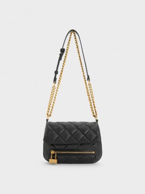 Charles & Keith Mini Swing Acolchado Chain-Handle Bag Negros | 1573680-XM