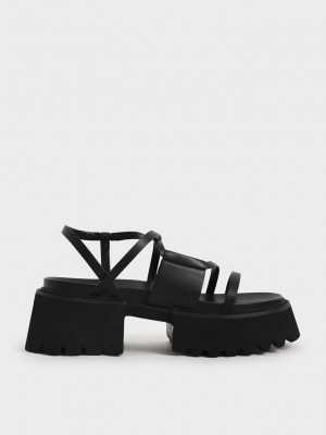 Charles & Keith Nadine Tiras Plataforma Sandals Negros | 2651478-ES