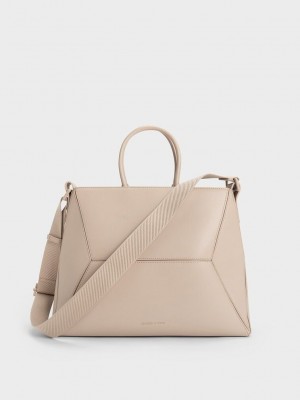Charles & Keith Nasrin Geometric Tote Bag Beige | 1865047-RZ