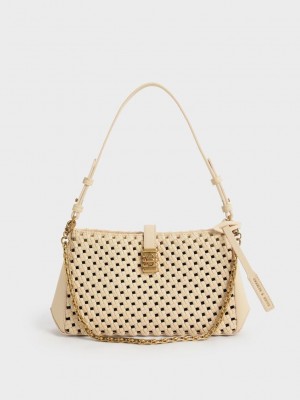 Charles & Keith Nova Woven Chain-Handle Shoulder Bag Beige | 1269084-DV