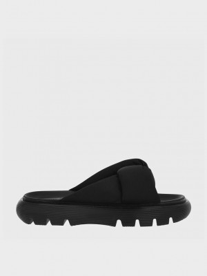 Charles & Keith Odessa Nylon Round-Puntera Chanclas Sandals Negros | 3067418-QO