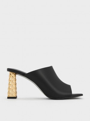 Charles & Keith Open Puntera Acolchado Heel Mules Negros | 0297185-CA